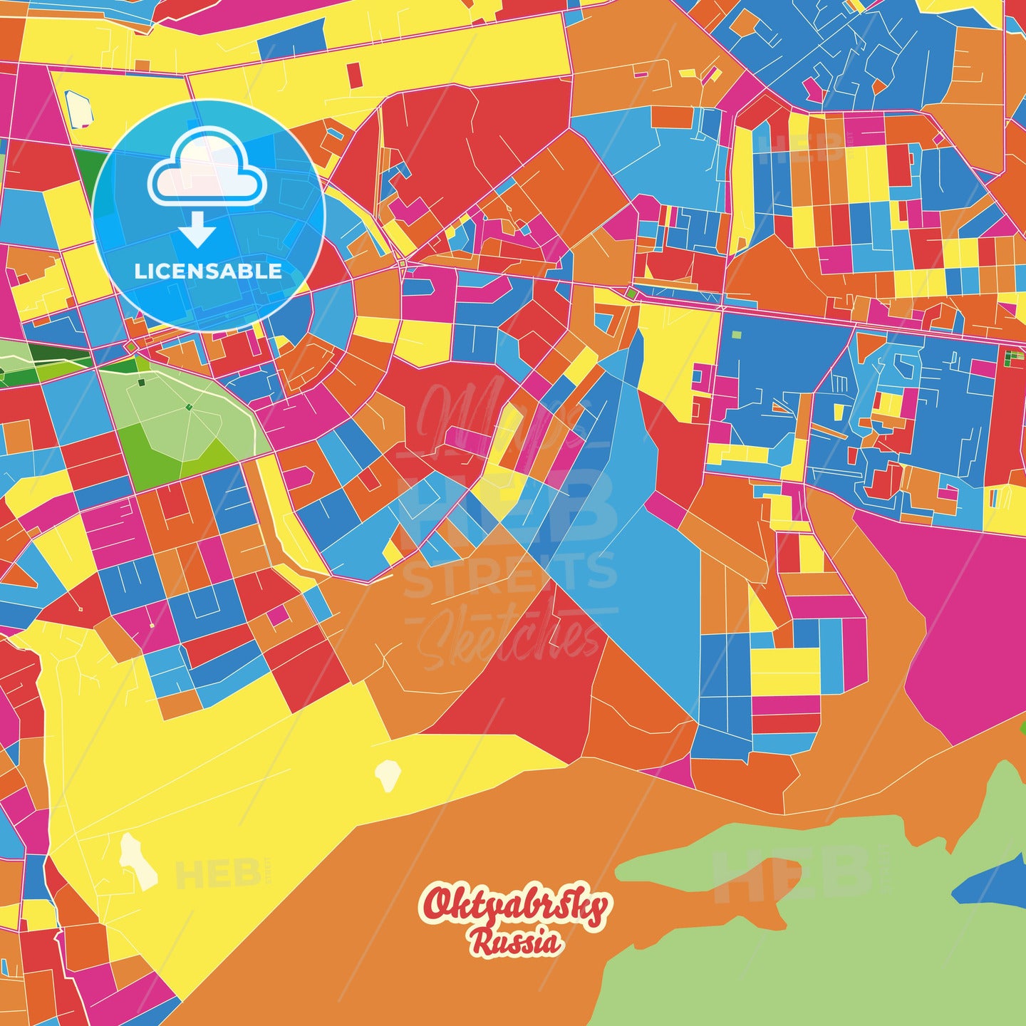 Oktyabrsky, Russia Crazy Colorful Street Map Poster Template - HEBSTREITS Sketches