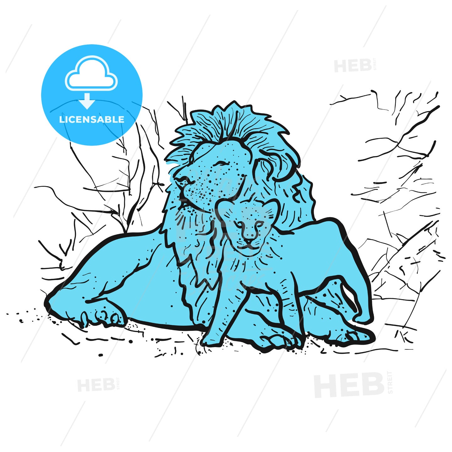 Old lion and young lion in front of shrubs – instant download
