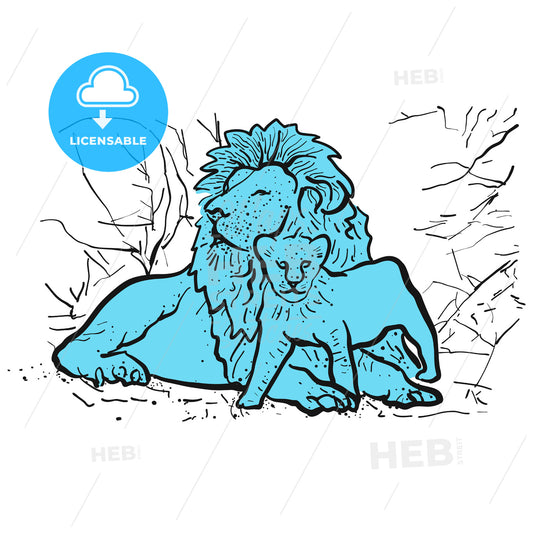Old lion and young lion in front of shrubs – instant download