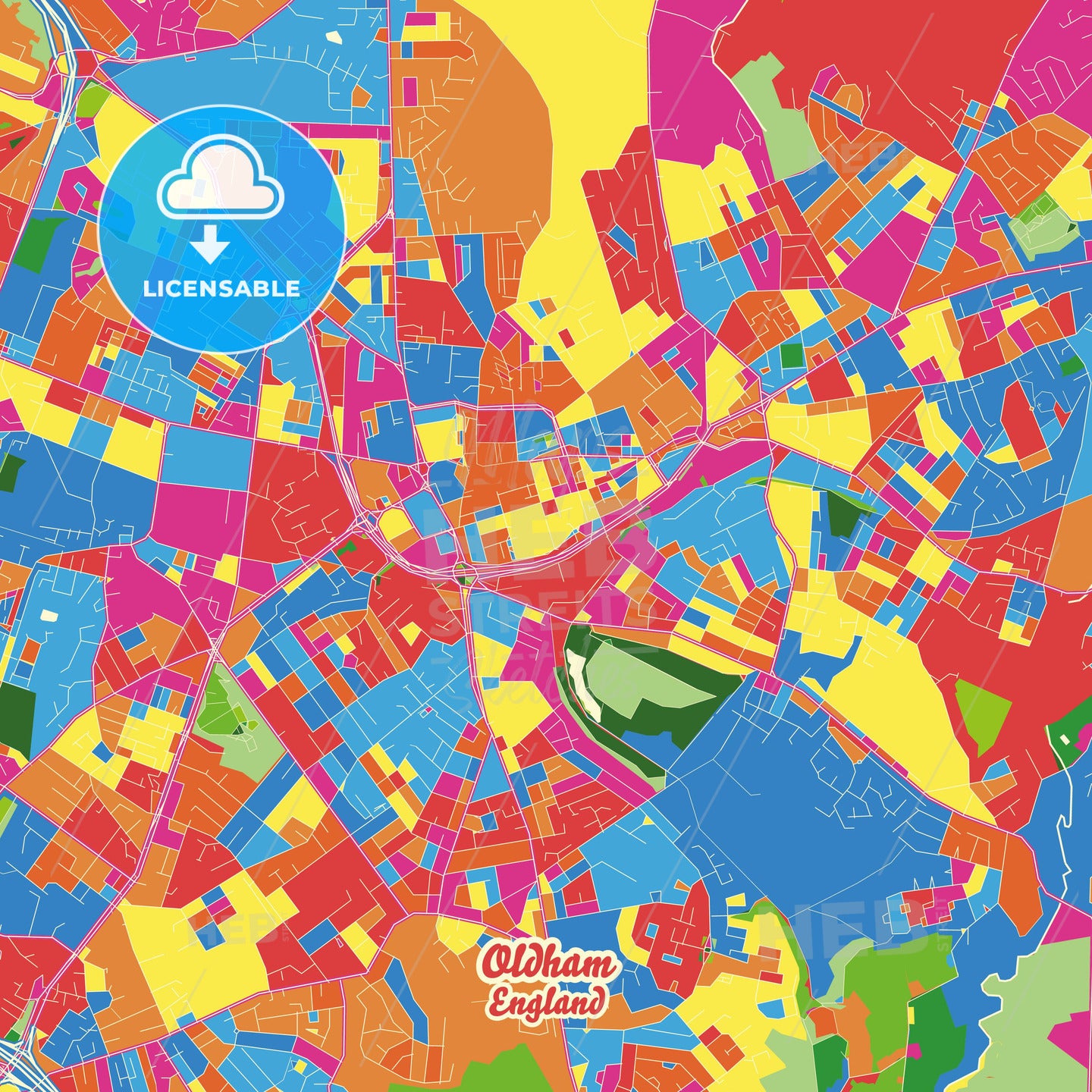 Oldham, England Crazy Colorful Street Map Poster Template - HEBSTREITS Sketches