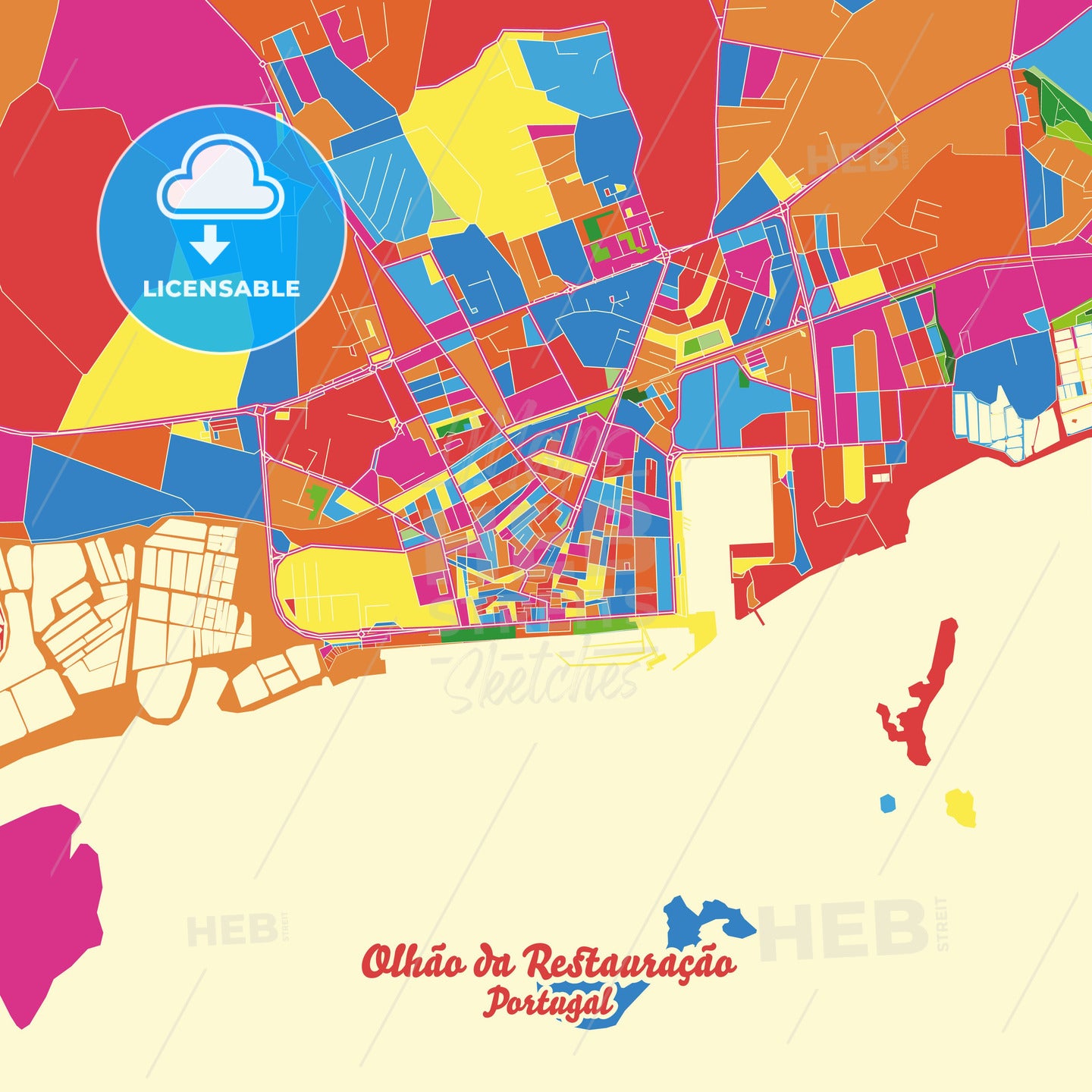 Olhão da Restauração, Portugal Crazy Colorful Street Map Poster Template - HEBSTREITS Sketches