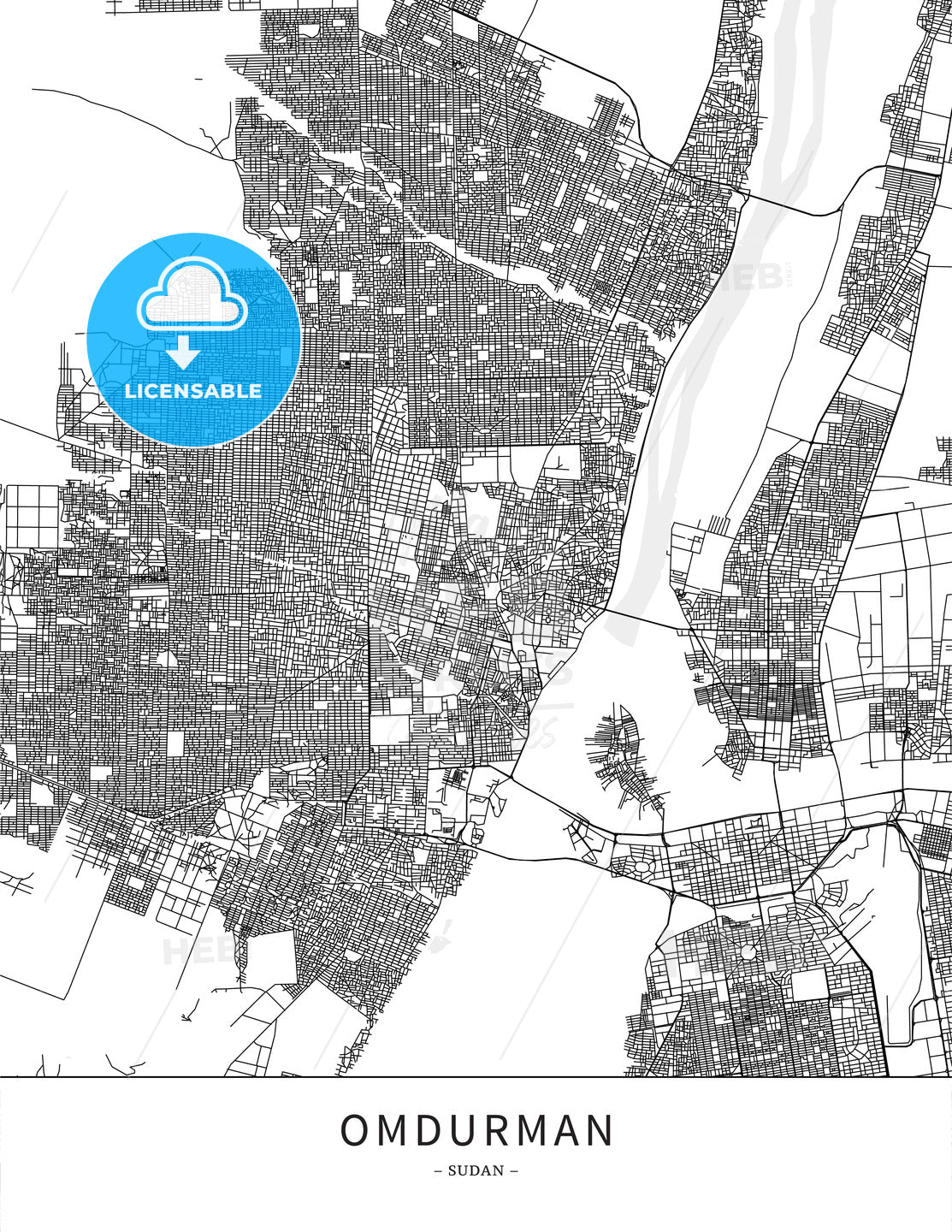 Omdurman, Sudan, Map poster borderless print template - HEBSTREITS
