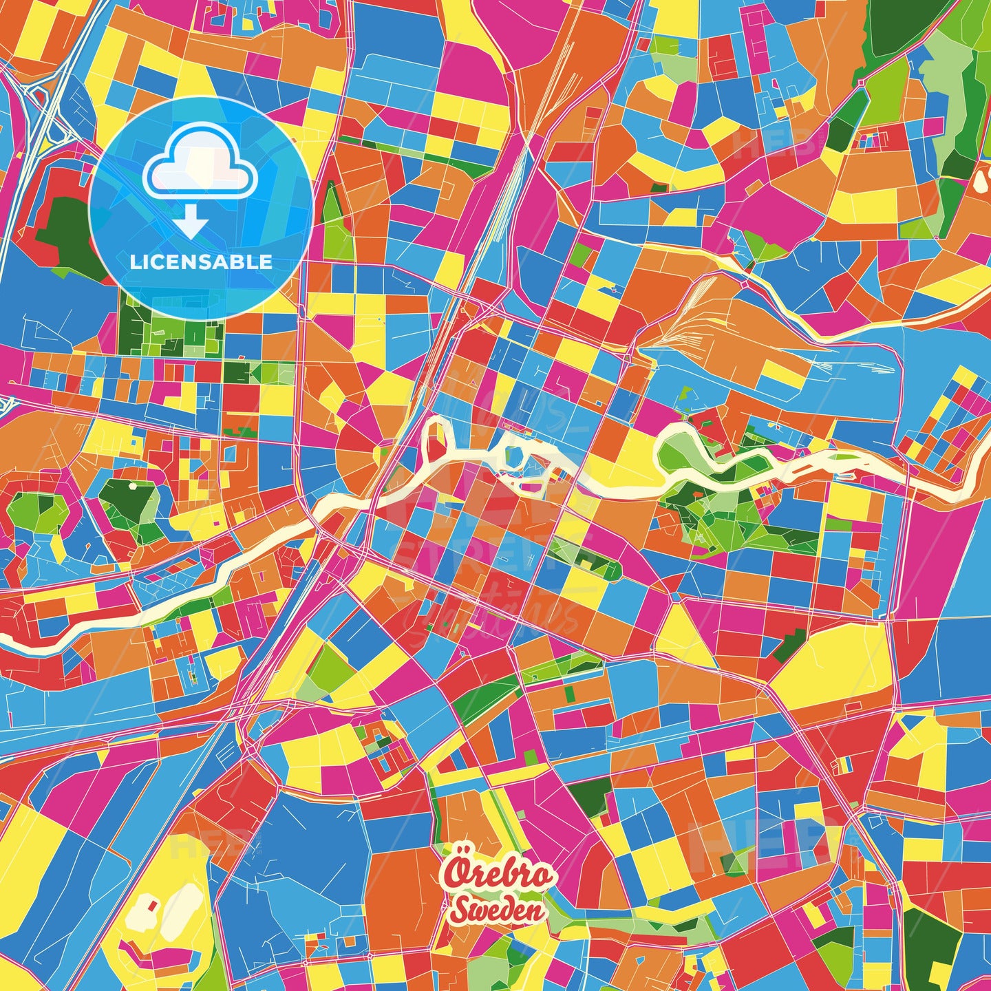 Örebro, Sweden Crazy Colorful Street Map Poster Template - HEBSTREITS Sketches