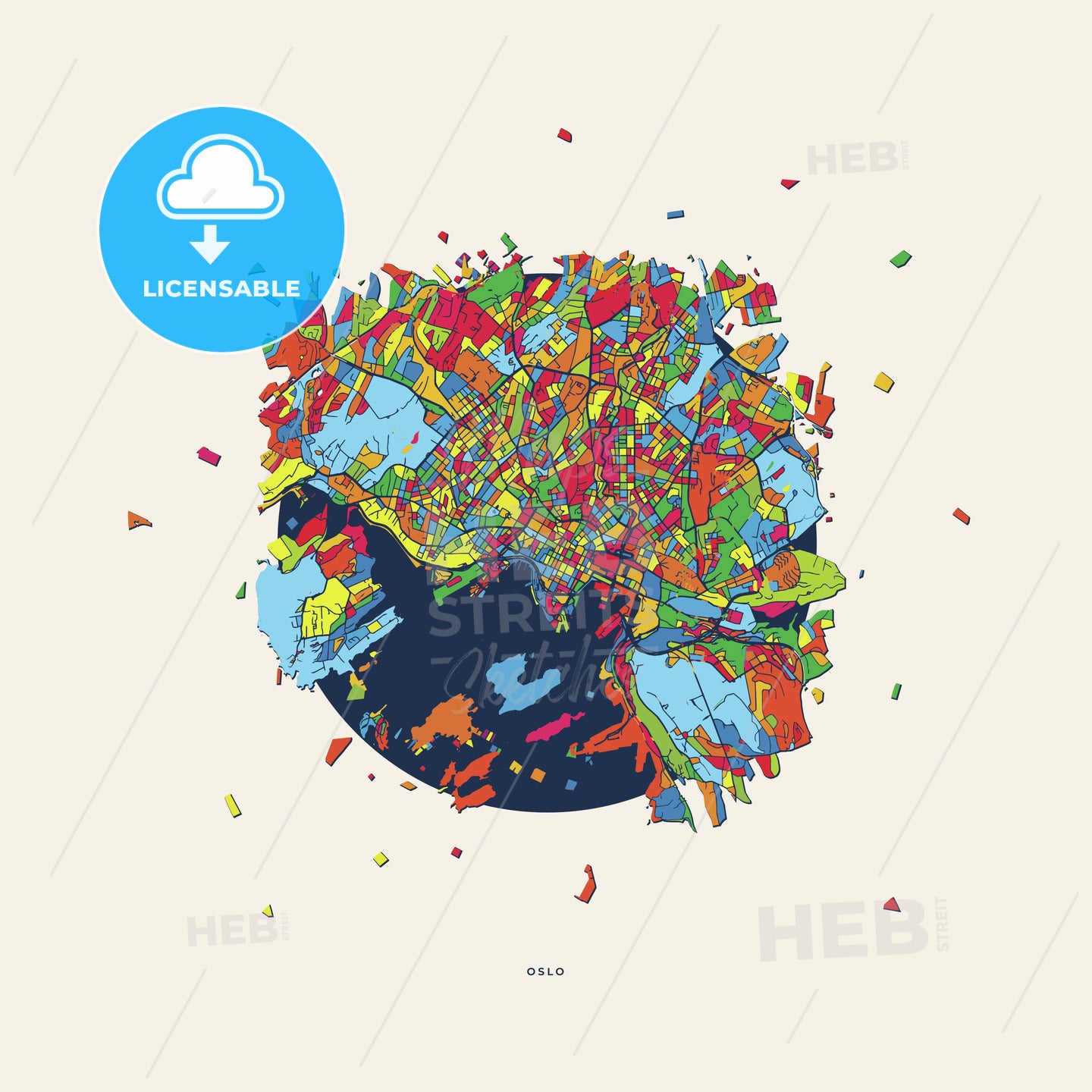Oslo Norway colorful confetti map - HEBSTREITS