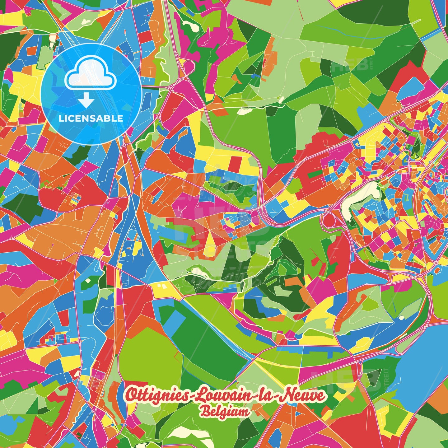 Ottignies-Louvain-la-Neuve, Belgium Crazy Colorful Street Map Poster Template - HEBSTREITS Sketches