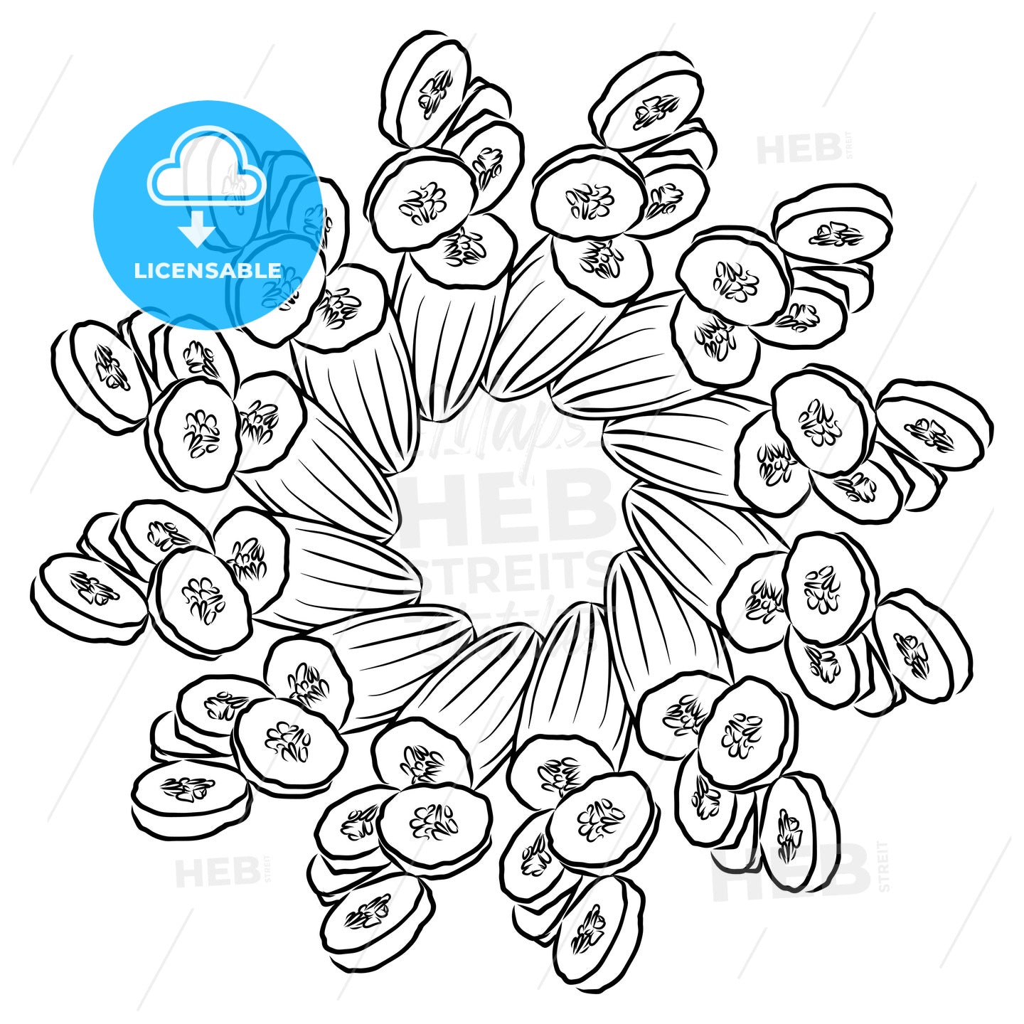 Outline sketch of Cucumbers arranged in a circle – instant download