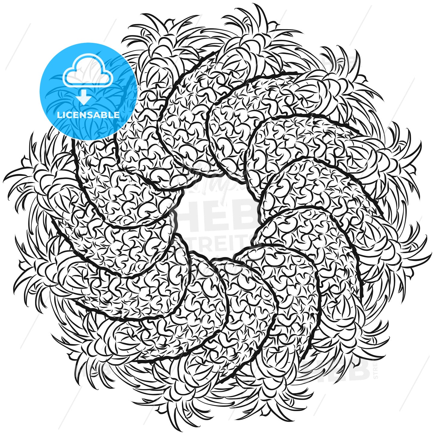 Outline sketch of pineapples arranged in a circle – instant download