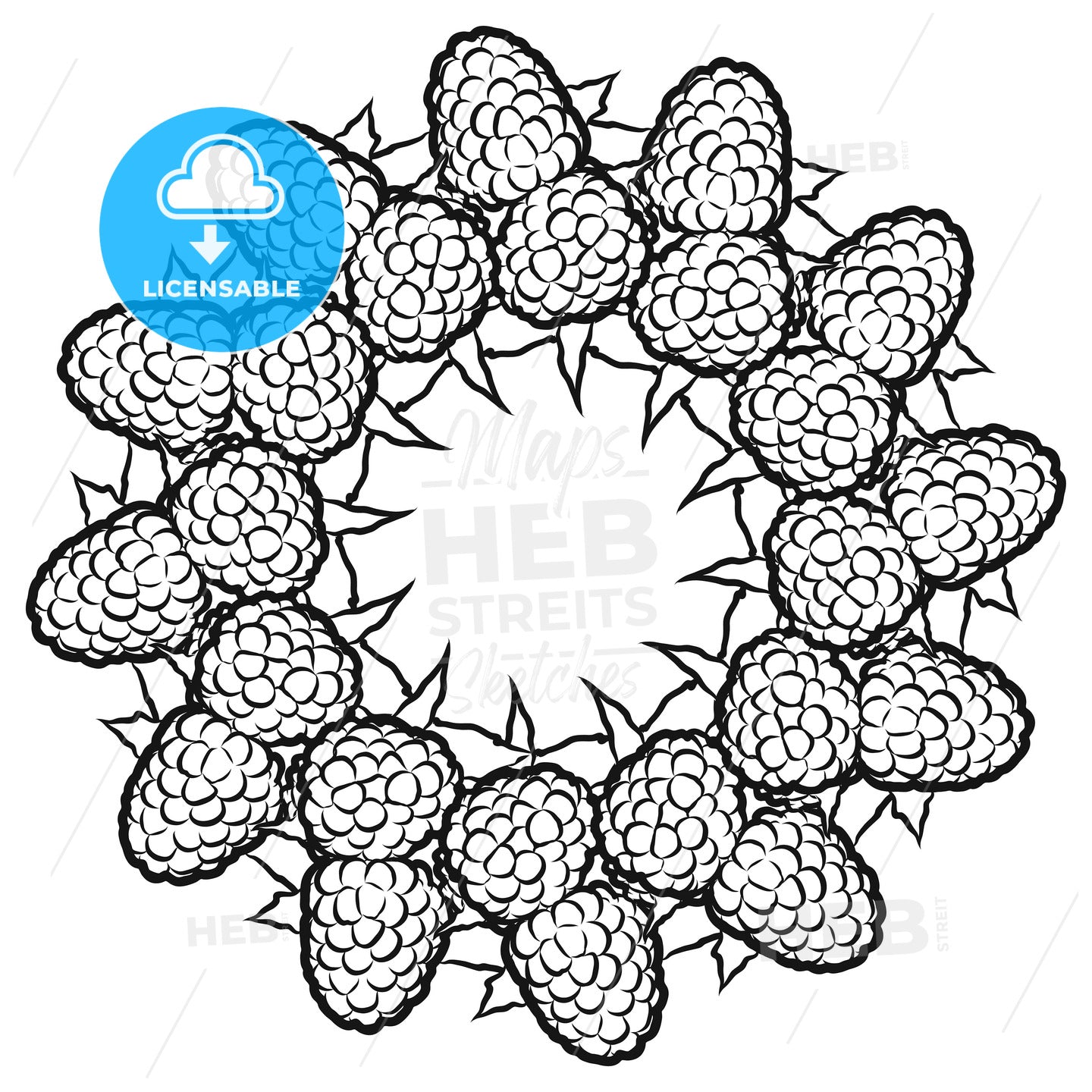 Outline sketch of raspberries arranged in a circle – instant download