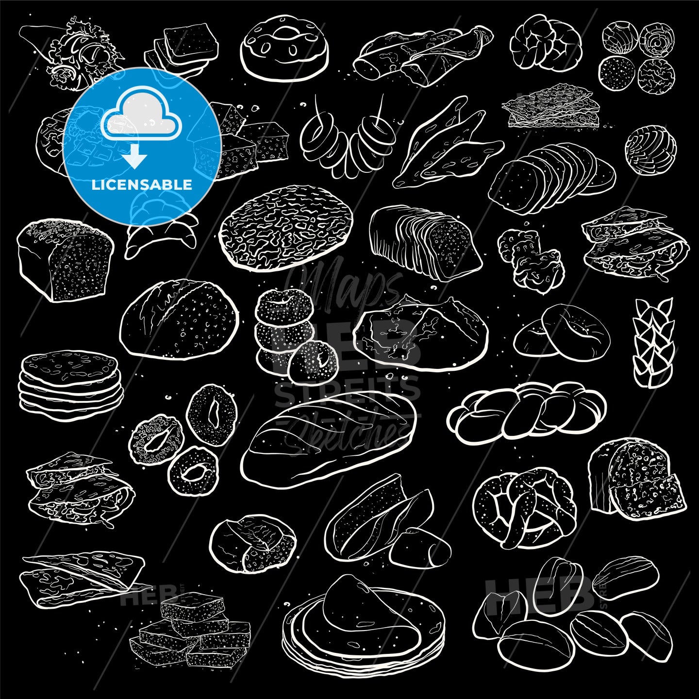 Outline version of Big Collection of hand drawn bread isolated on blackboard – instant download