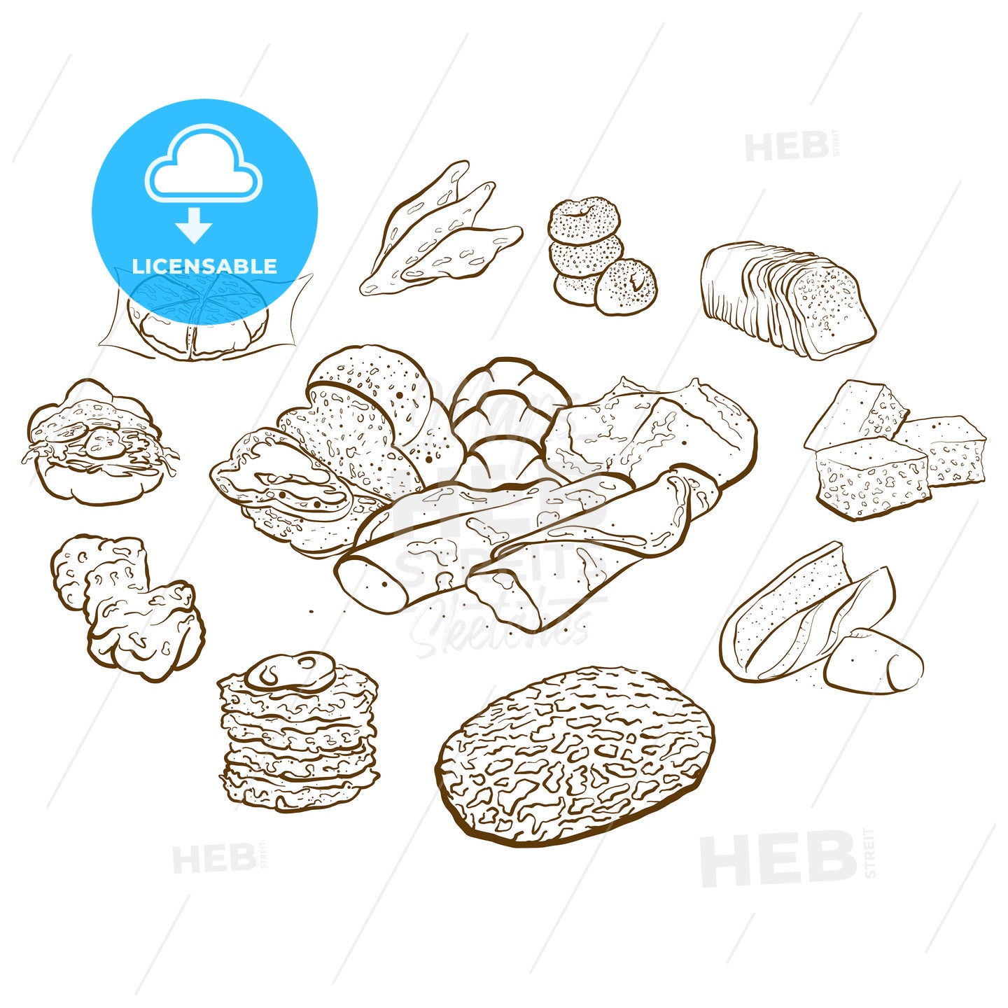 Outline version of Circle shape composition from hand drawn bread – instant download