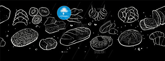 Outline version of Fresh bread banner. Seamless panoramic composition on blackboard – instant download