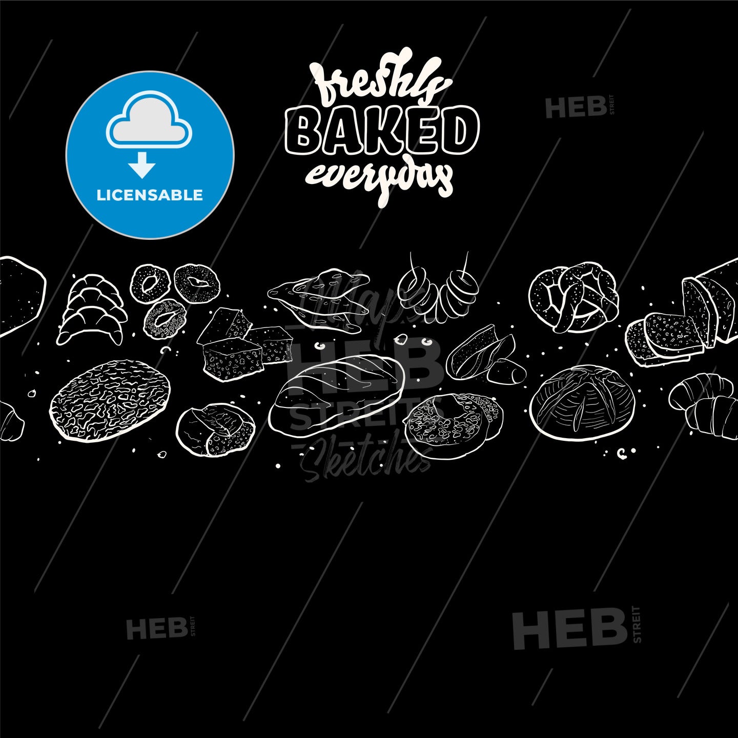 Outline version of Freshly baked everyday label with illustrations of various types of bread on blackboard – instant download