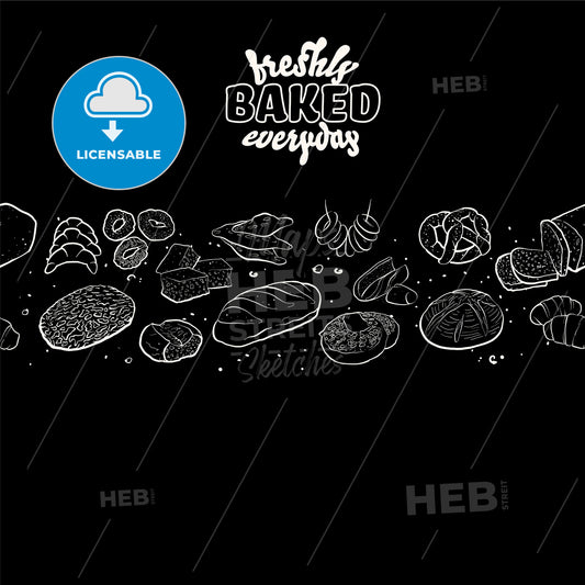 Outline version of Freshly baked everyday label with illustrations of various types of bread on blackboard – instant download