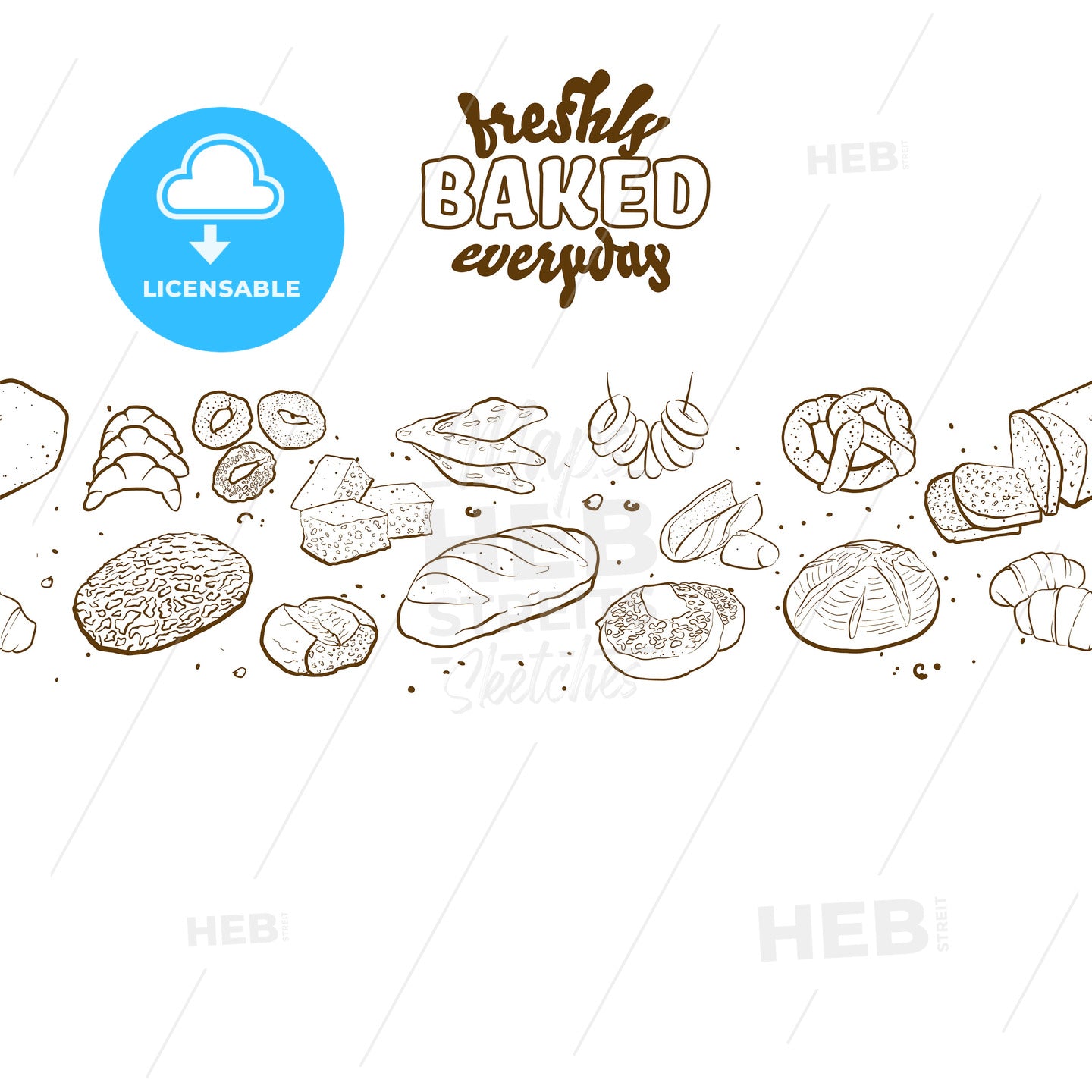 Outline version of Freshly baked everyday label with illustrations of various types of bread – instant download