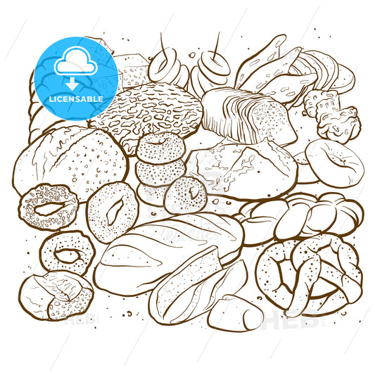 Outline version of Hand drawn sketched breads to a square arranged format – instant download