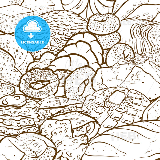 Outline version of Very detailed vector sketch of a composition with different types of bread – instant download