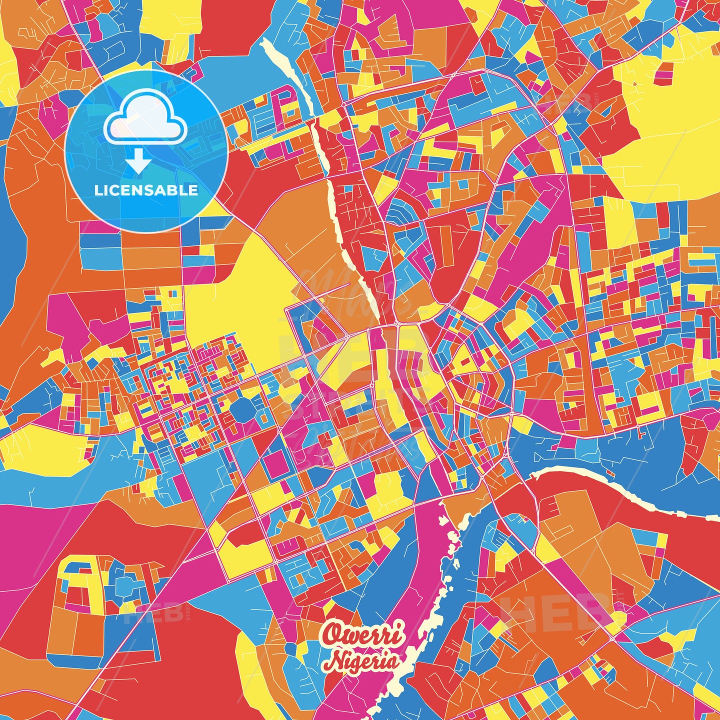 Owerri, Nigeria Crazy Colorful Street Map Poster Template - HEBSTREITS Sketches