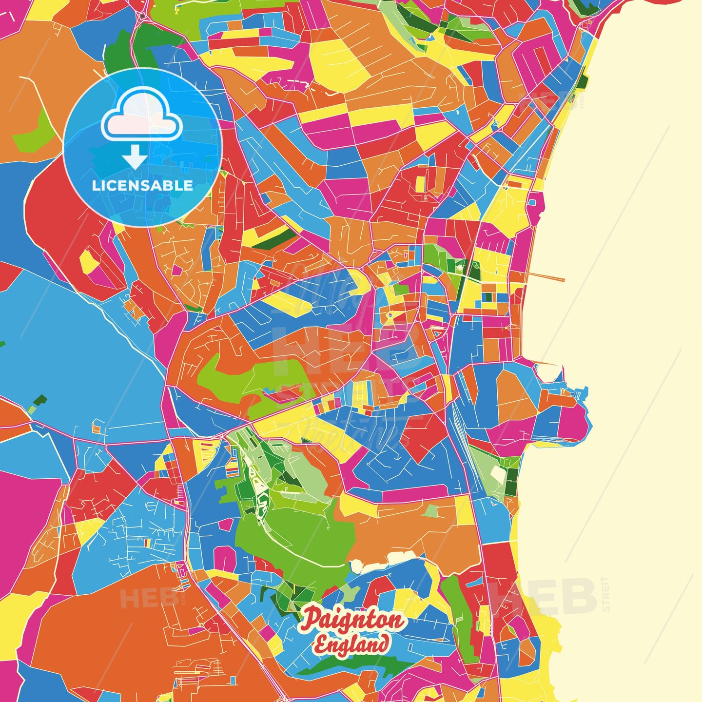 Paignton, England Crazy Colorful Street Map Poster Template - HEBSTREITS Sketches