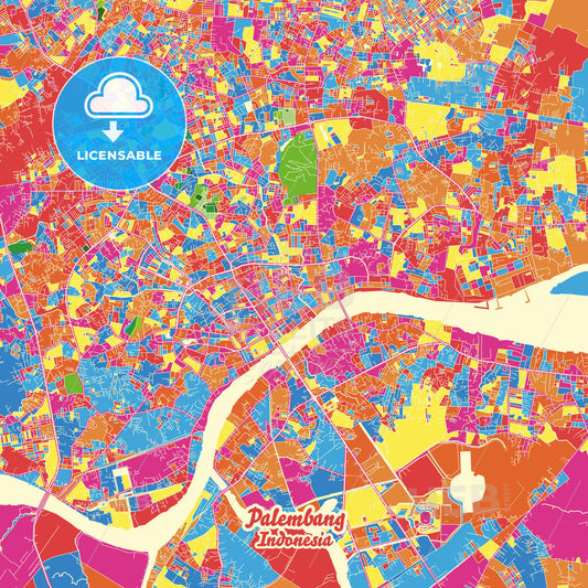 Palembang, Indonesia Crazy Colorful Street Map Poster Template - HEBSTREITS Sketches