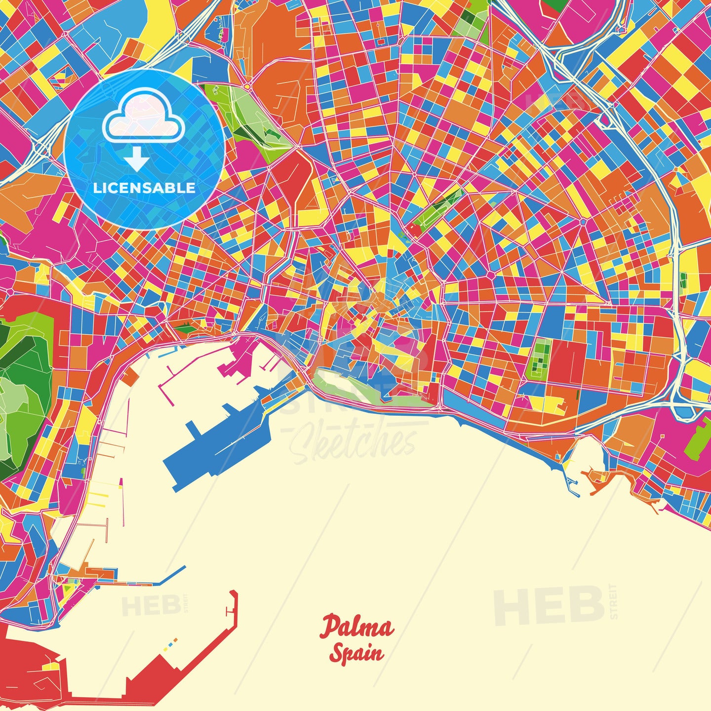 Palma, Spain Crazy Colorful Street Map Poster Template - HEBSTREITS Sketches