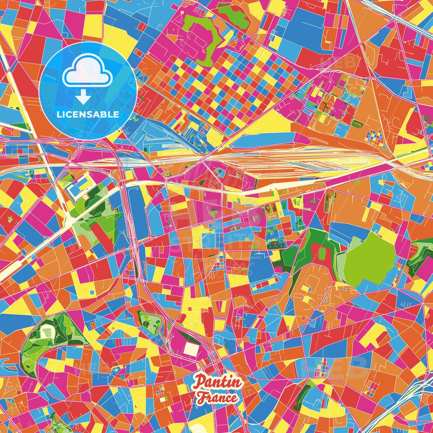 Pantin, France Crazy Colorful Street Map Poster Template - HEBSTREITS Sketches