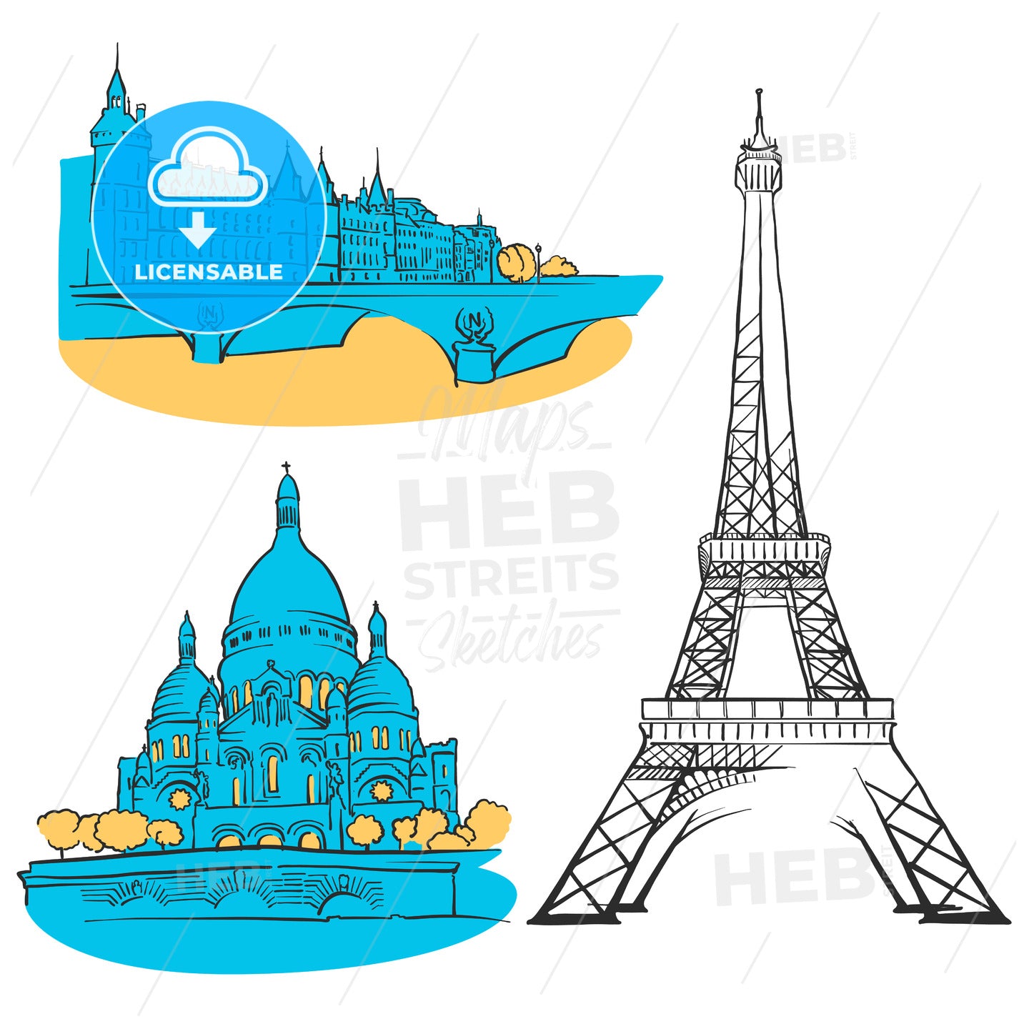 Paris France Colored Landmarks – instant download