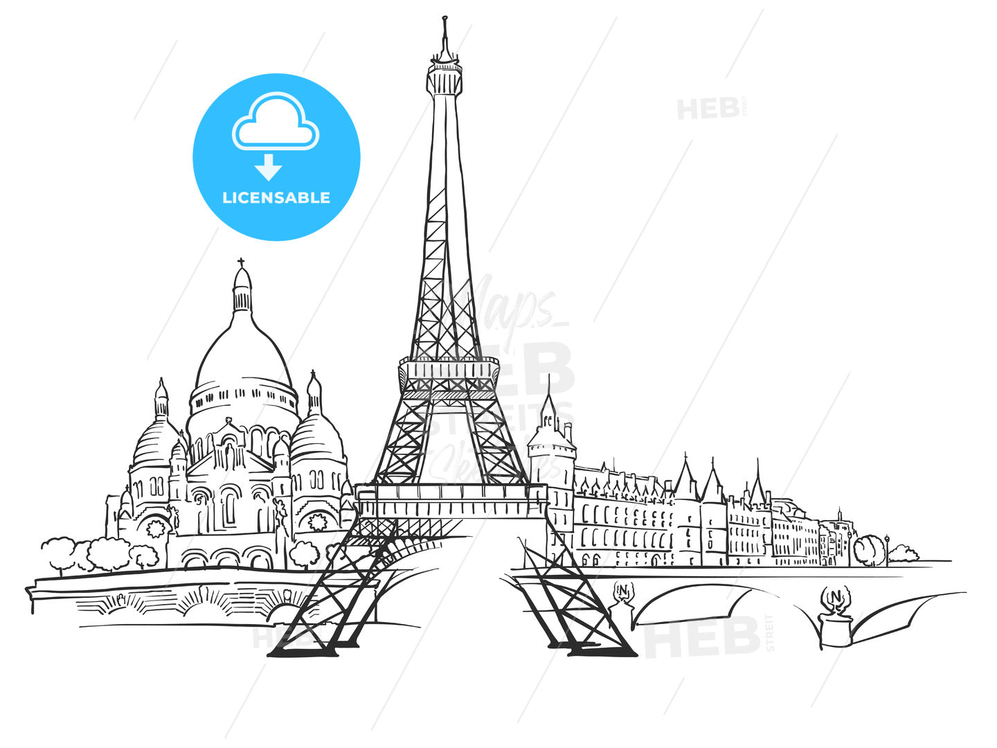 Paris France Panorama Sketch – instant download