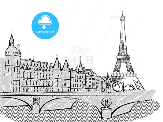 Paris, France famous Travel Sketch – instant download
