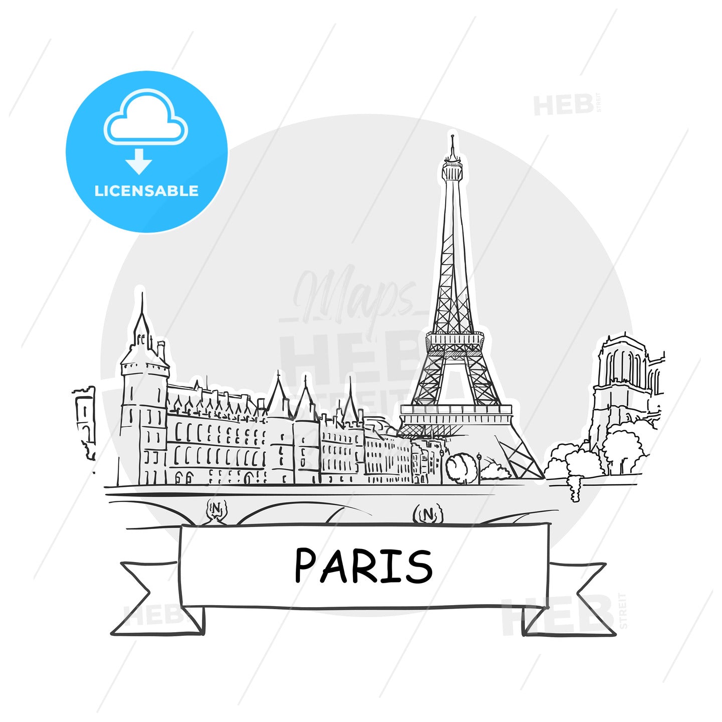 Paris hand-drawn urban vector sign – instant download