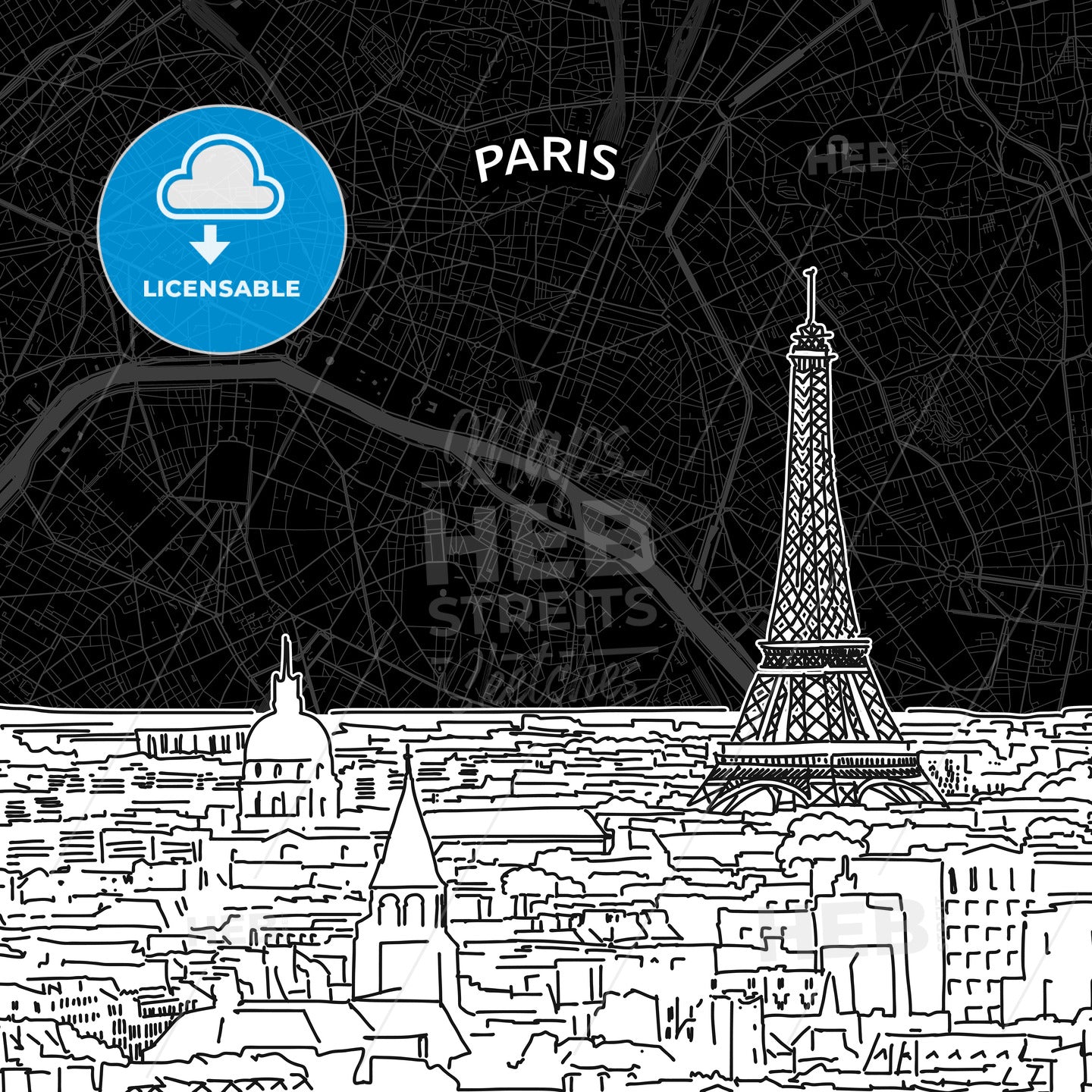 Paris skyline with map
