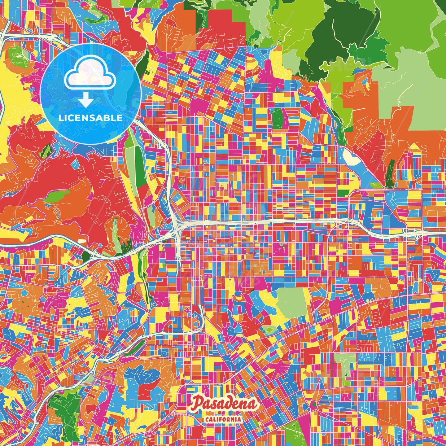 Pasadena, United States Crazy Colorful Street Map Poster Template - HEBSTREITS Sketches