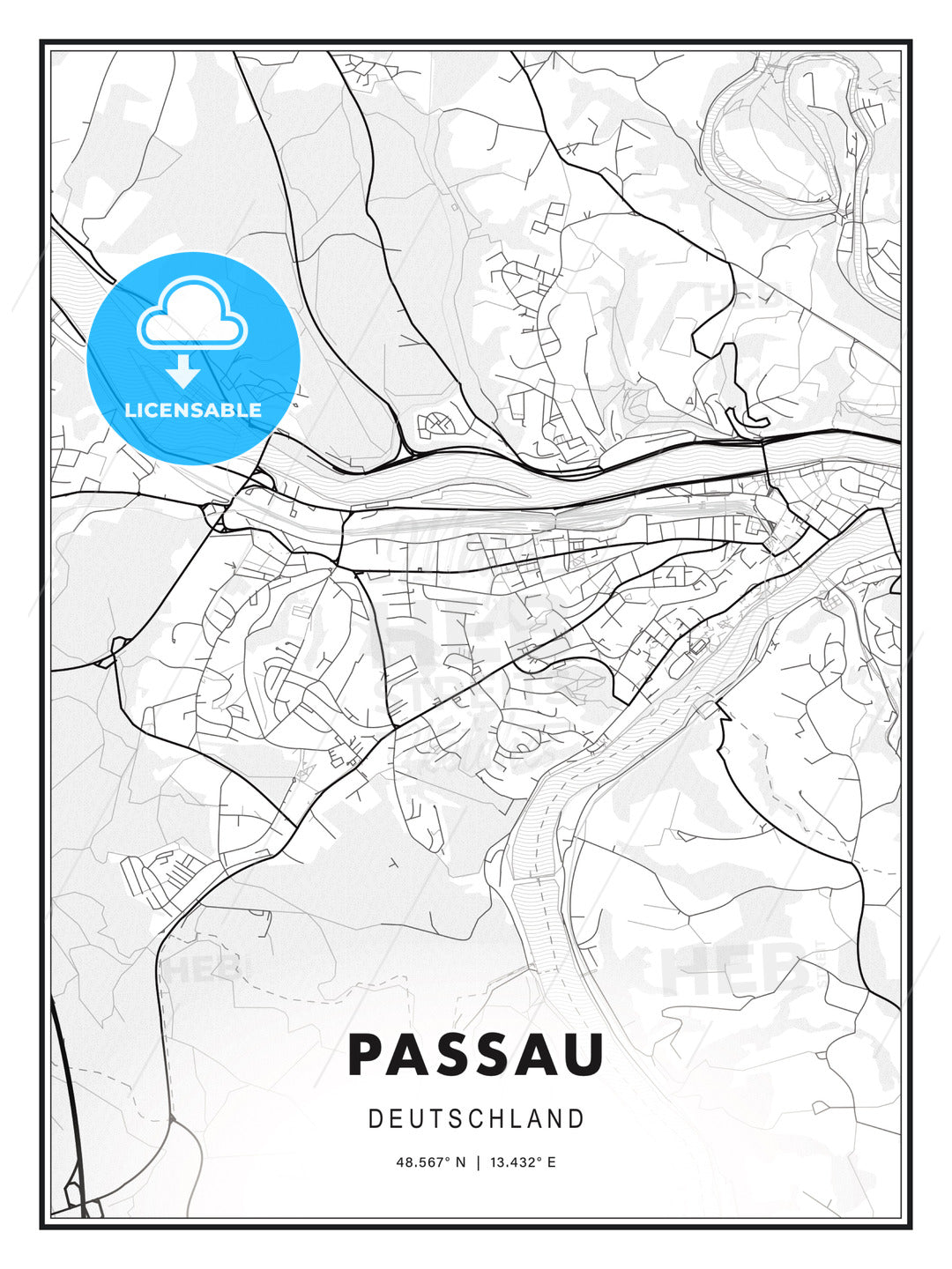 Passau, Germany, Modern Map Print Template in Various Formats - HEBSTREITS