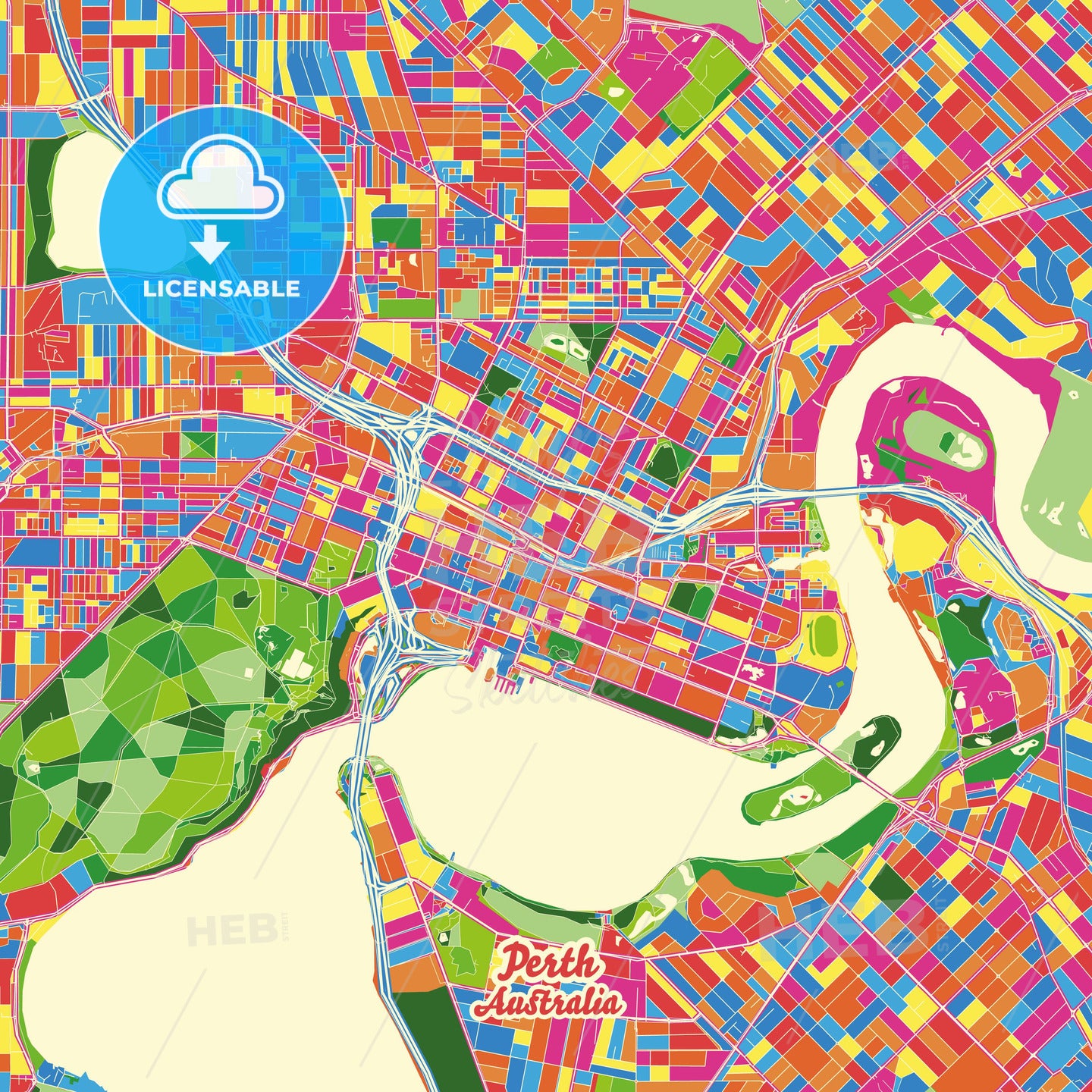 Perth, Australia Crazy Colorful Street Map Poster Template - HEBSTREITS Sketches