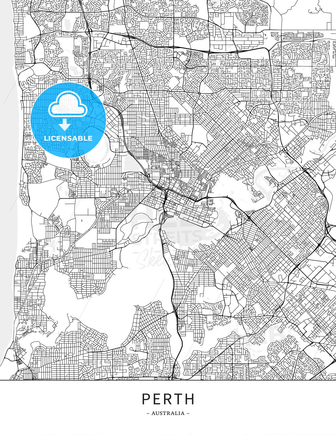 Perth, Australia, Map poster borderless print template - HEBSTREITS