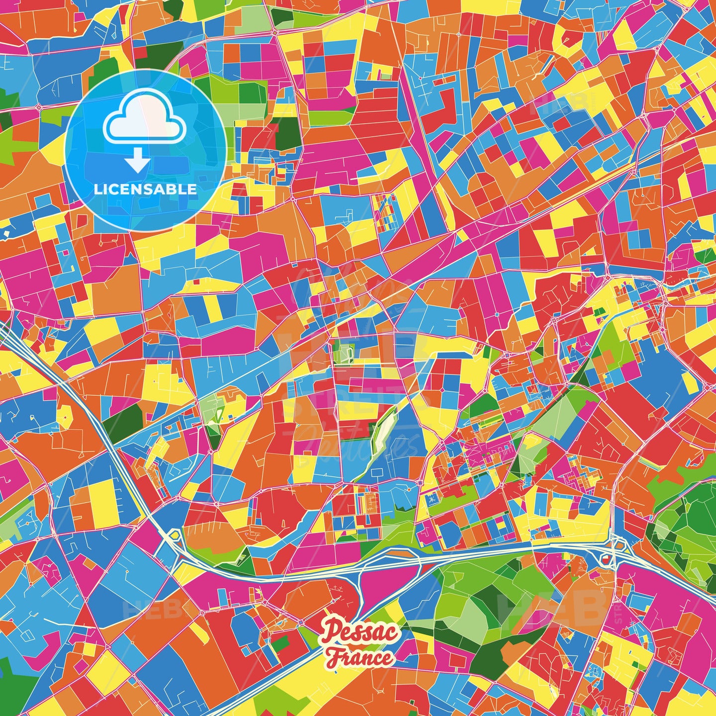 Pessac, France Crazy Colorful Street Map Poster Template - HEBSTREITS Sketches