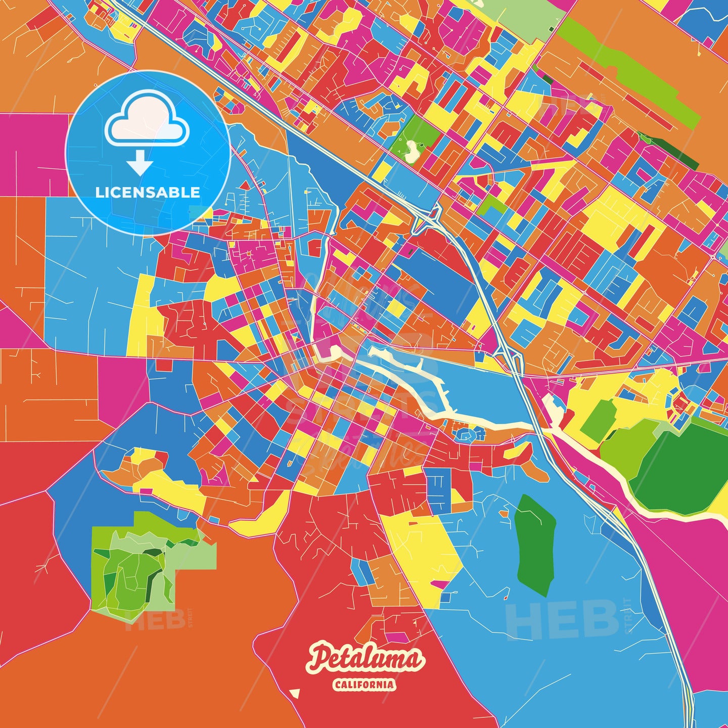 Petaluma, United States Crazy Colorful Street Map Poster Template - HEBSTREITS Sketches