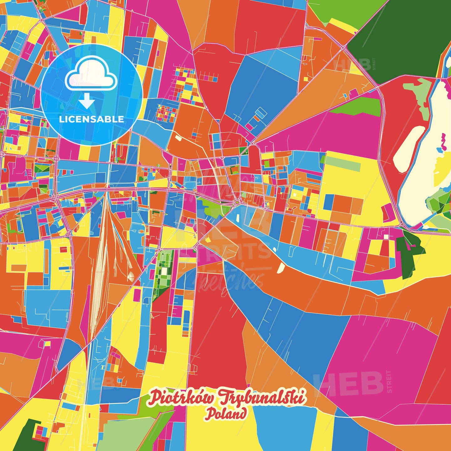 Piotrków Trybunalski, Poland Crazy Colorful Street Map Poster Template - HEBSTREITS Sketches