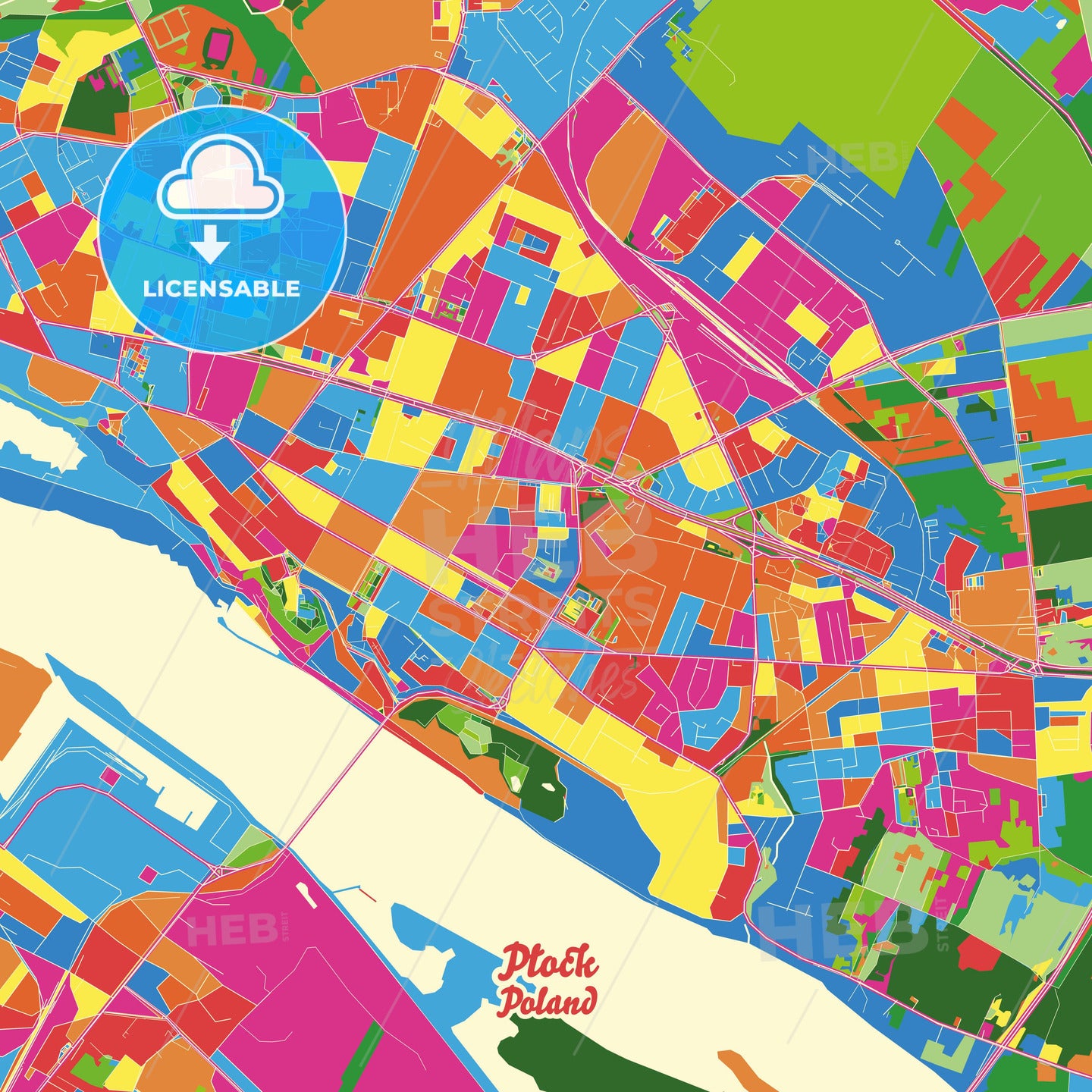 Płock, Poland Crazy Colorful Street Map Poster Template - HEBSTREITS Sketches