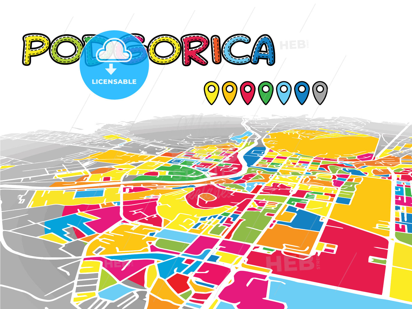 Podgorica, Montenegro, downtown map in perspective