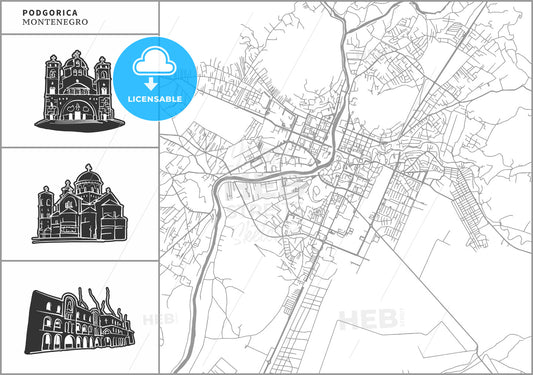 Podgorica city map with hand-drawn architecture icons