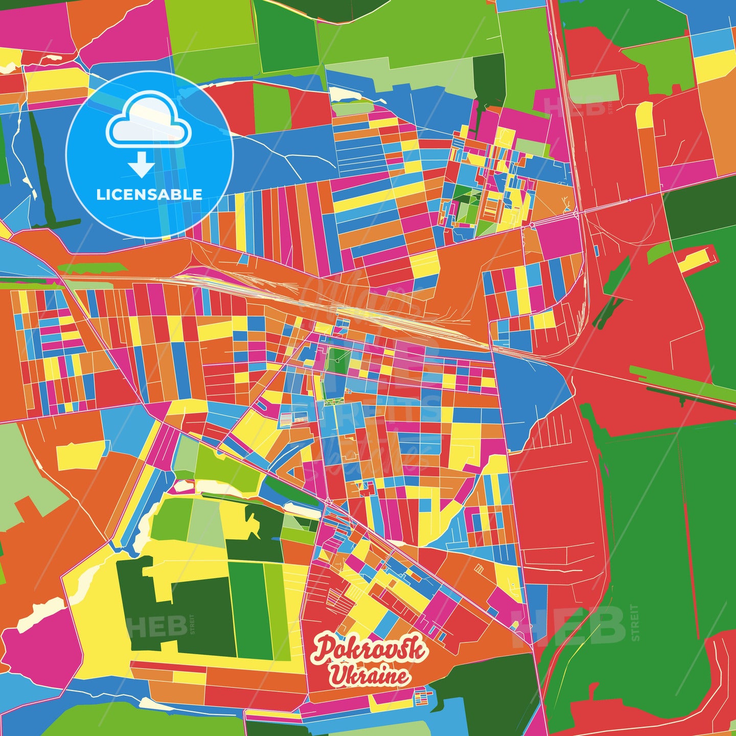 Pokrovsk, Ukraine Crazy Colorful Street Map Poster Template - HEBSTREITS Sketches