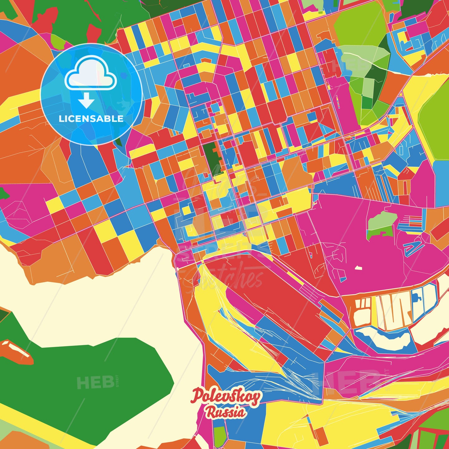 Polevskoy, Russia Crazy Colorful Street Map Poster Template - HEBSTREITS Sketches