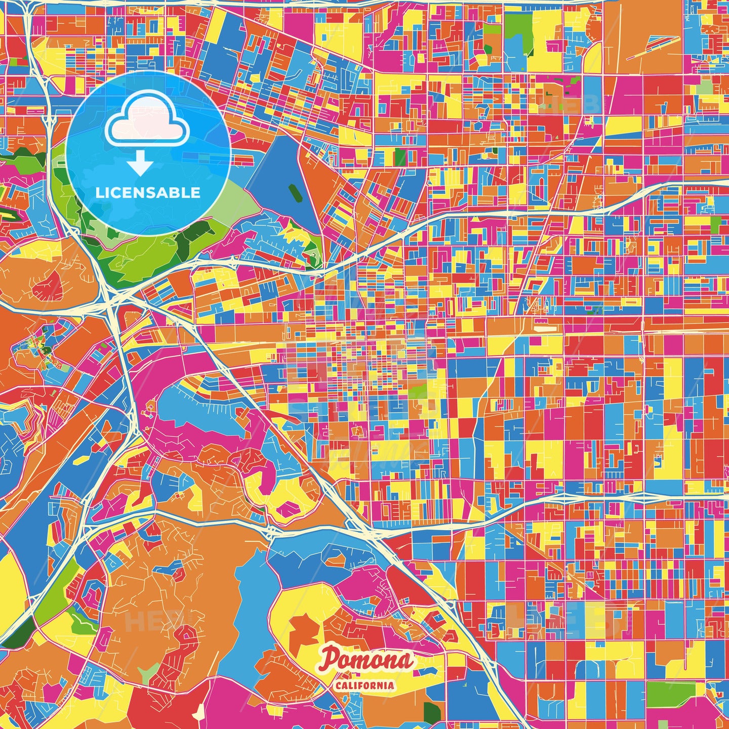 Pomona, United States Crazy Colorful Street Map Poster Template - HEBSTREITS Sketches