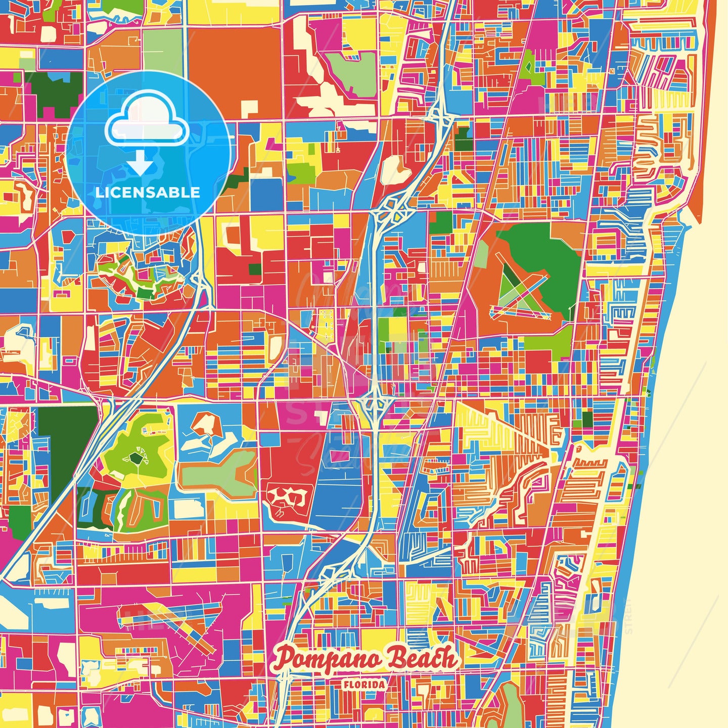 Pompano Beach, United States Crazy Colorful Street Map Poster Template - HEBSTREITS Sketches