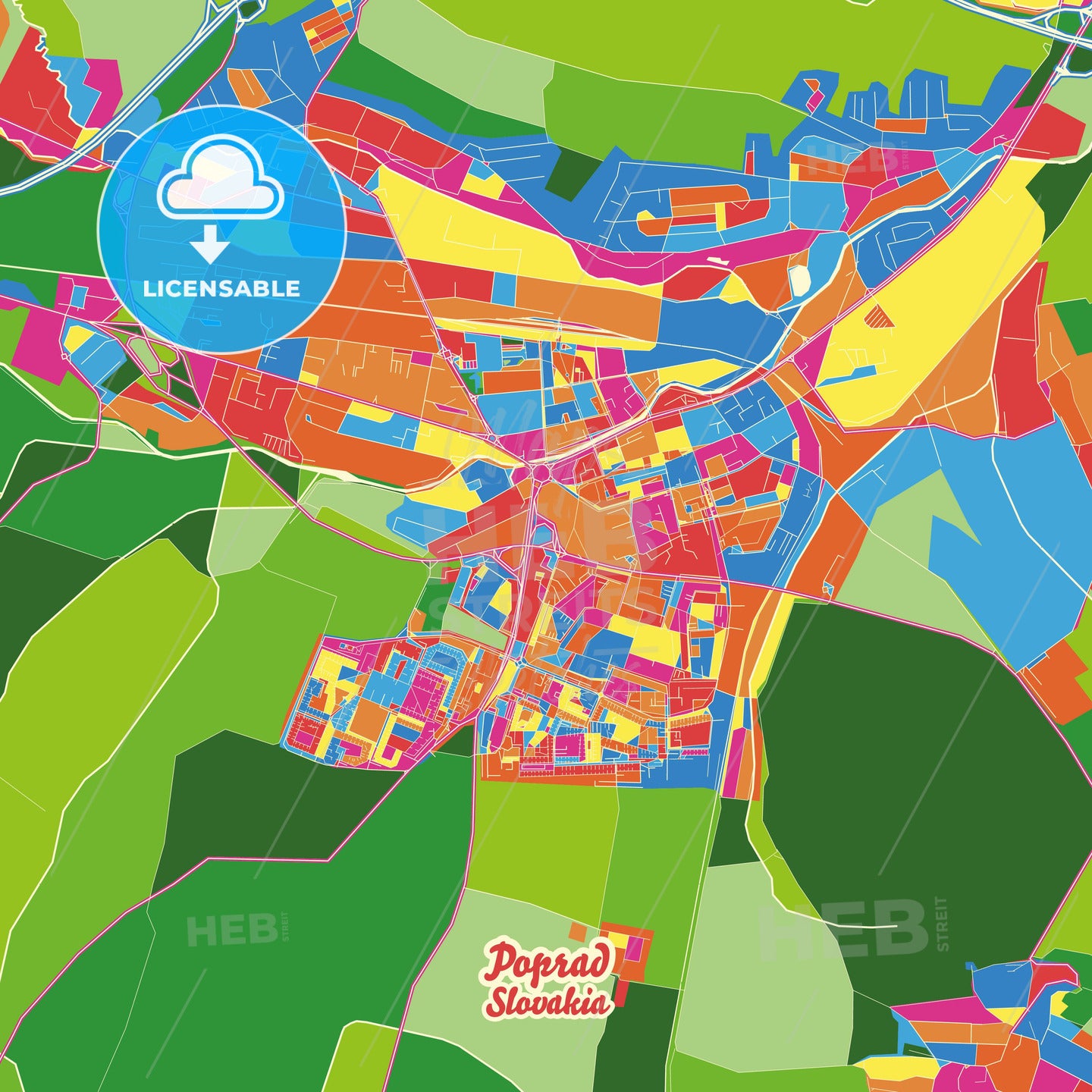 Poprad, Slovakia Crazy Colorful Street Map Poster Template - HEBSTREITS Sketches