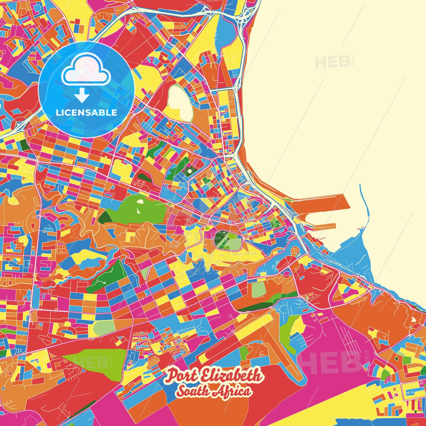 Port Elizabeth, South Africa Crazy Colorful Street Map Poster Template - HEBSTREITS Sketches