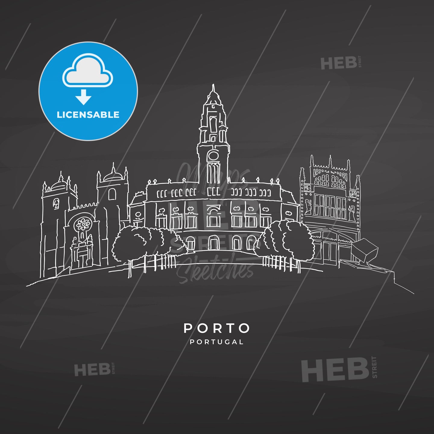 Porto, Portugal famous architecture on blackboard – instant download