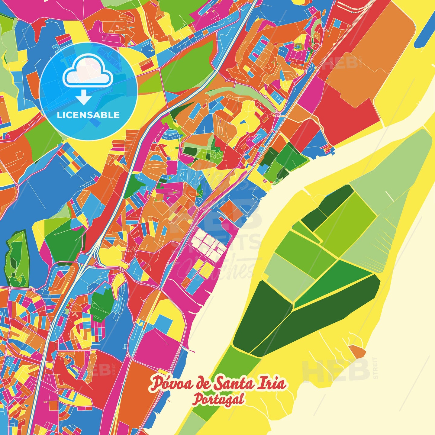 Póvoa de Santa Iria, Portugal Crazy Colorful Street Map Poster Template - HEBSTREITS Sketches