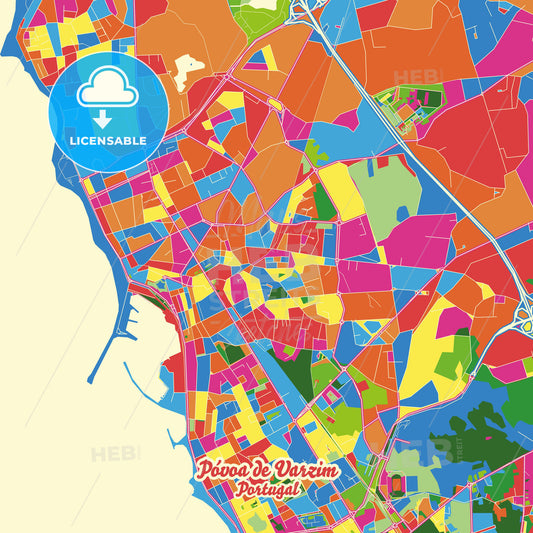 Póvoa de Varzim, Portugal Crazy Colorful Street Map Poster Template - HEBSTREITS Sketches