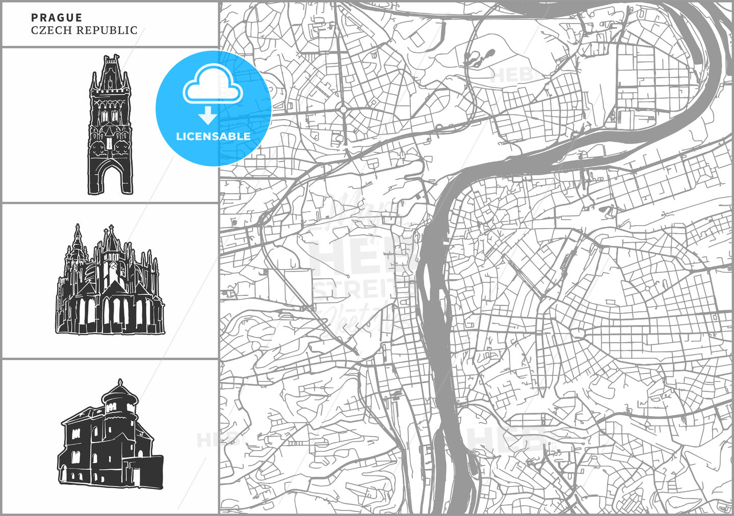 Prague city map with hand-drawn architecture icons